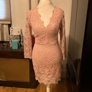 Mauve dress with mauve lace overlay.  Plunging neckline open back and large bow